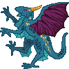 small pixel art image of a teal and mulberry guardian dragon